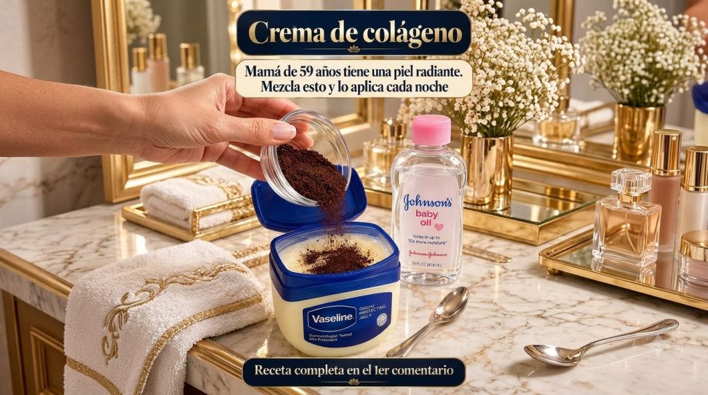 A hand pouring ground coffee into a jar of Vaseline next to a bottle of baby oil on a marbled surface