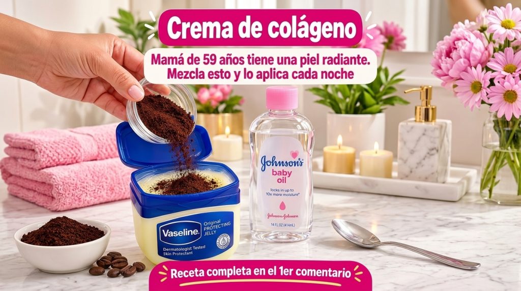 A hand pouring fine coffee grounds from a small glass bowl into a tub of Vaseline jelly A bottle of Johnson s baby oil i