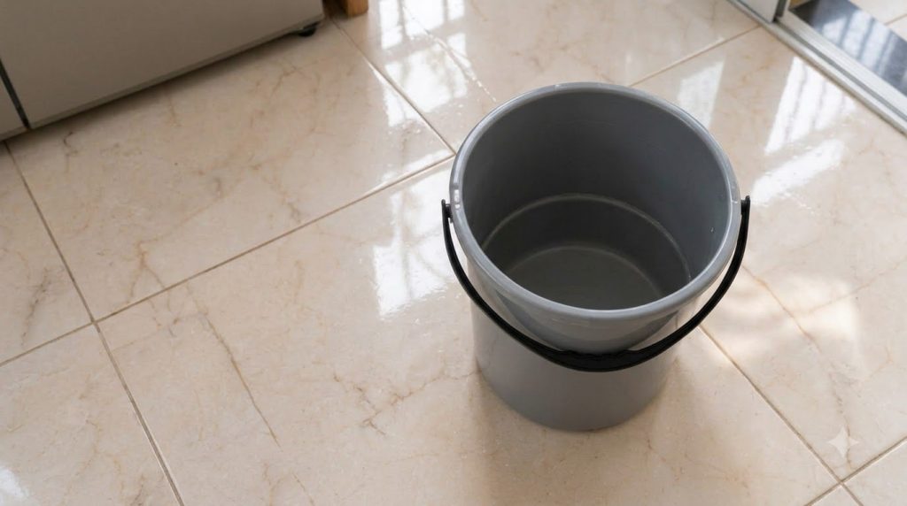 Una persona usando una fregona para limpiar un suelo brillante y limpio con una solución casera con ingredientes natural