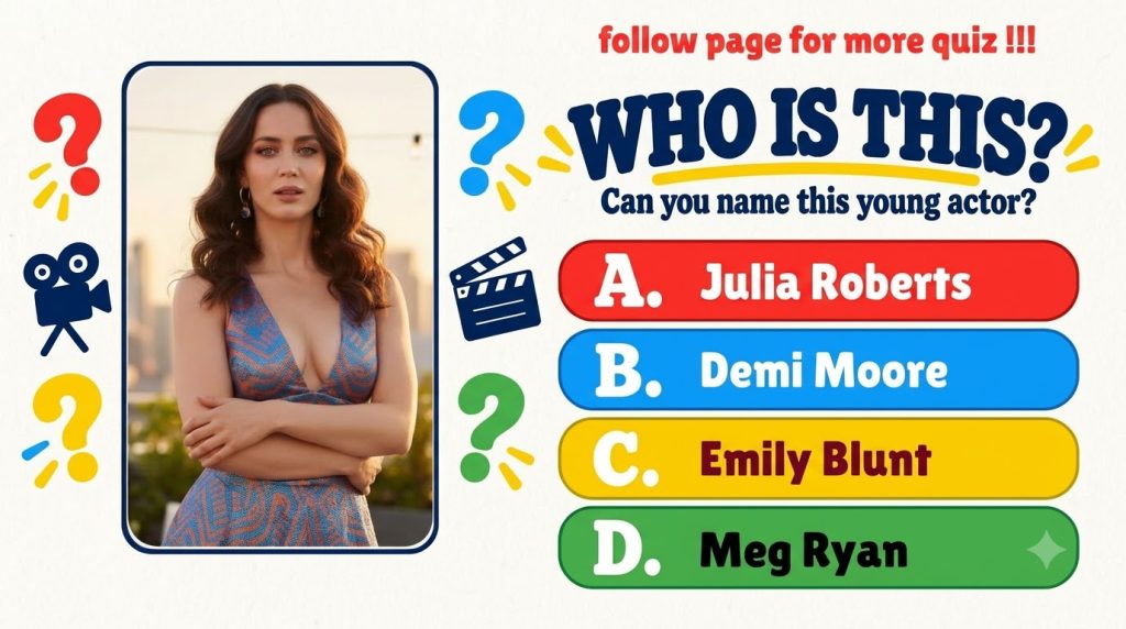A vibrant quiz poster featuring a central portrait of actress Emily Blunt with long wavy brown hair wearing a patterned