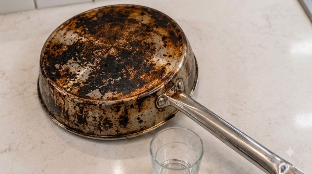 A close-up of a hand scrubbing a greasy pan with a sponge revealing a clean section beneath The pan is on a kitchen coun