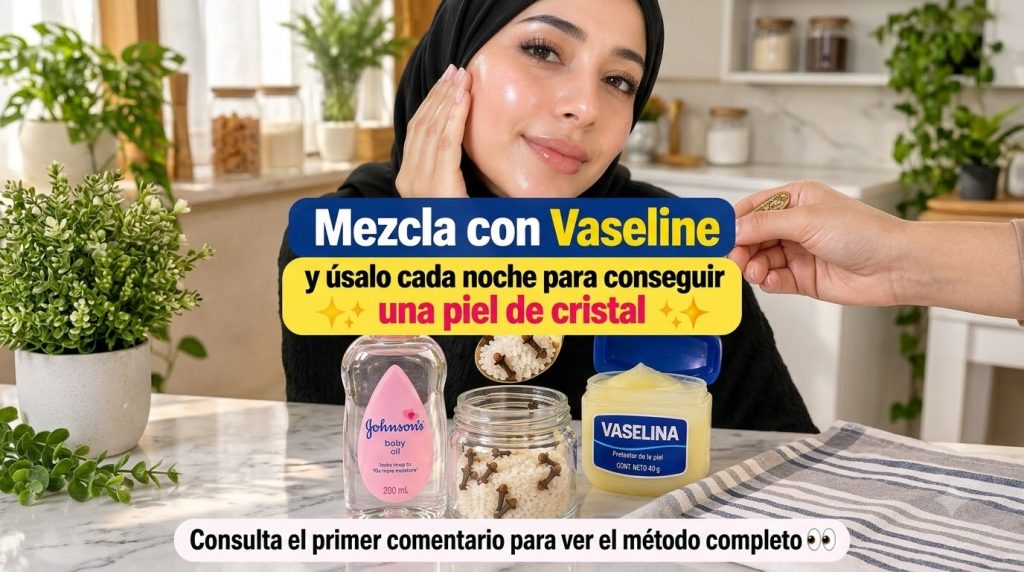 A woman with glowing skin wearing a black hijab her hand touching her cheek with skincare ingredients like Vaseline baby