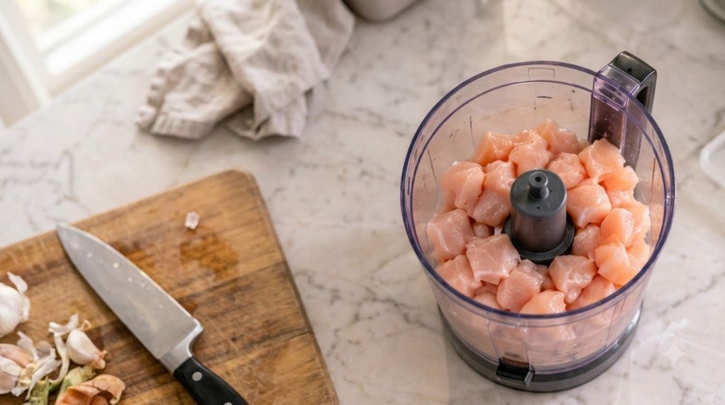 A home cook is dicing chicken breast on a wooden cutting board with fresh herbs and spices around in a warm kitchen sett