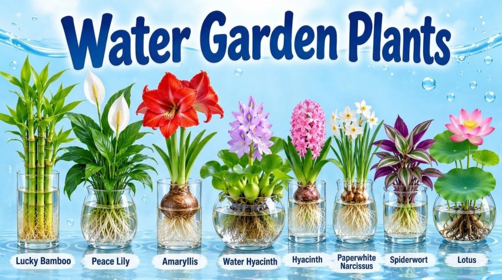Eight different plants growing in clear glass jars of water showing visible roots The plants include Peace Lily Lucky Ba