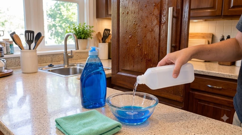 A hand pours clear liquid from a white bottle into a glass bowl containing blue liquid next to a bottle of blue dish soa