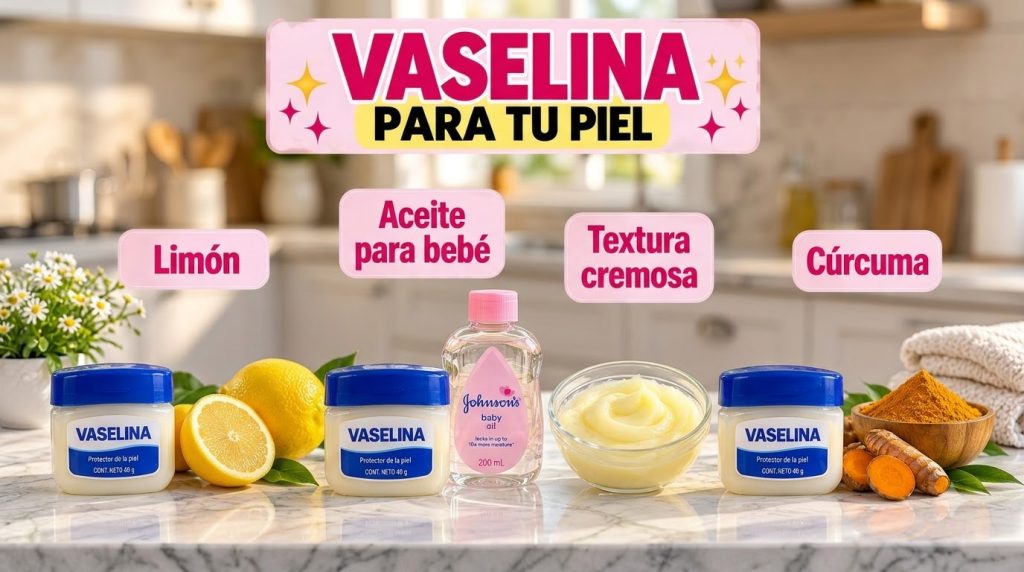 A four-panel collage showing a jar of Vaseline with lemon baby oil a creamy substance and turmeric powder