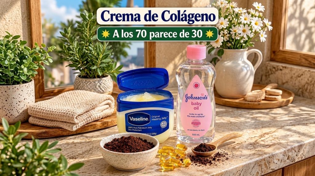 Various skincare ingredients on a stone surface under bright sunlight including an open tub of Vaseline a bottle of John