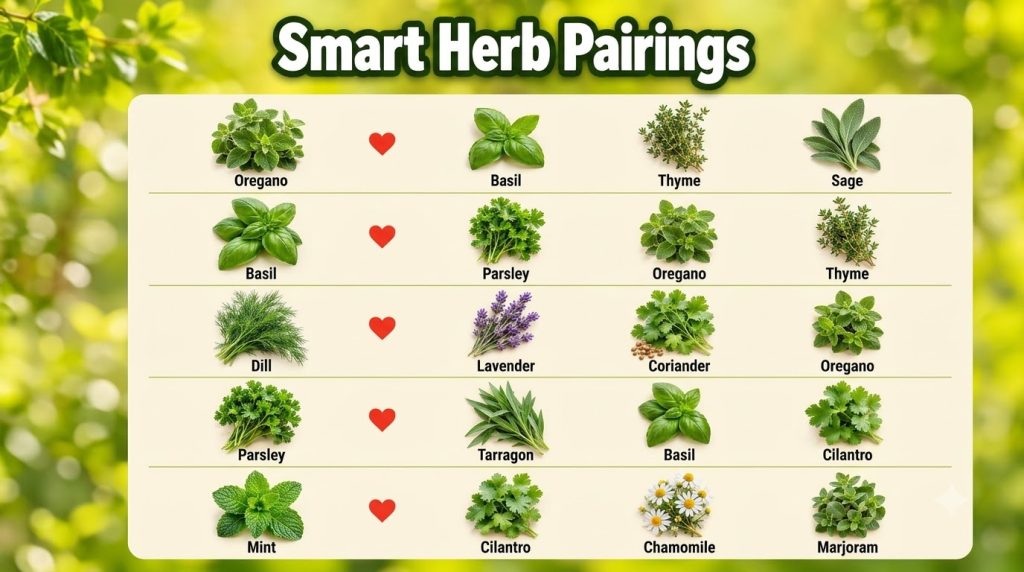 An infographic showing five main herbs Basil Dill Mint Rosemary Thyme and their compatible companion plants connected by