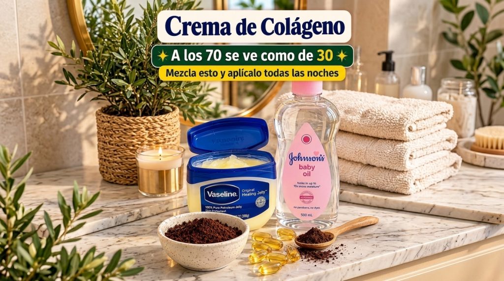 Various skincare ingredients and products arranged on a marble counter including an open jar of Vaseline a bottle of bab