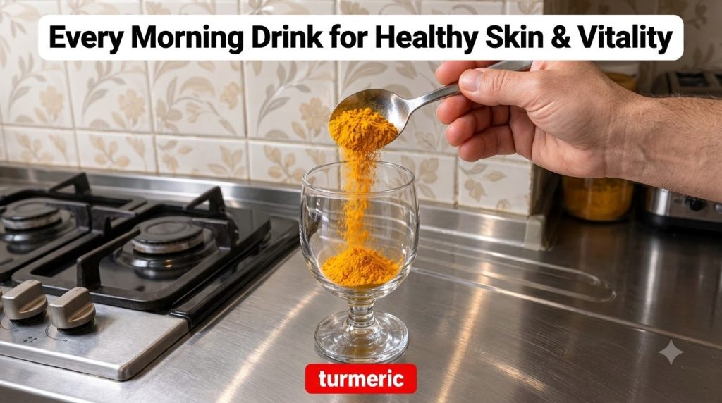 A hand pouring bright yellow turmeric powder from a metal spoon into a clear glass with a kitchen background