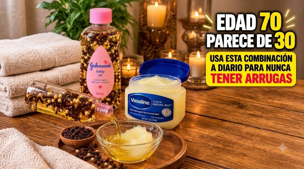 Preparación de un remedio casero antiedad con aceite de bebé clavos y Vaselina con un ambiente cálido y natural