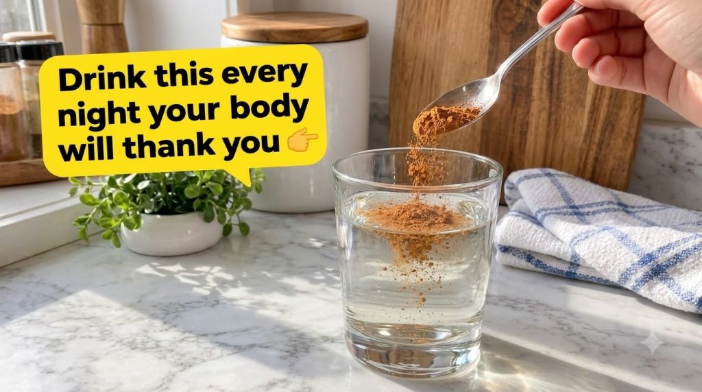 A close-up of a clear glass of water on a marble countertop with a silver spoon pouring reddish-brown powder turmeric in