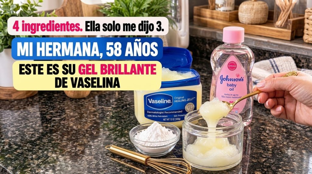 Ingredients for the homemade beauty gel an open tub of Vaseline a bottle of Johnson s Baby Oil a small bowl of white pow