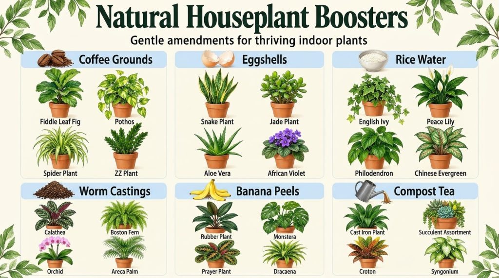 An infographic showing different natural fertilizers for houseplants including coffee grounds eggshells rice water banan