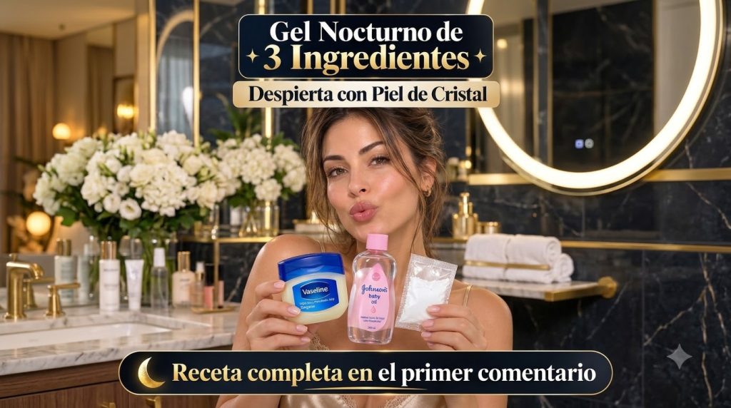 A woman holding a jar of Vaseline a bottle of baby oil and a packet of rice flour making a puckered kiss face in a warm-