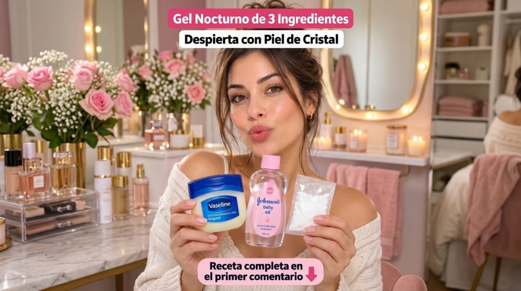 A woman holding Vaseline baby oil and a sachet of rice flour making a kiss face with a blurred domestic background with 
