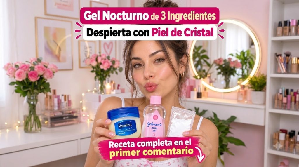 A smiling young woman holding up a jar of Vaseline a bottle of baby oil and a small packet of rice flour looking directl