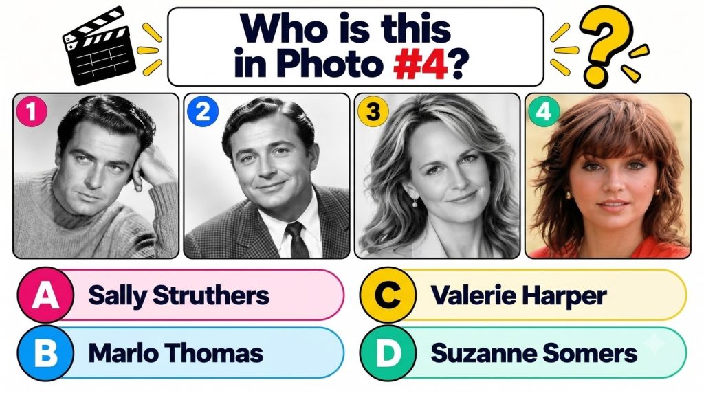 A brightly colored quiz graphic with the question Who is this in Photo 4 Photo 4 is a color portrait of a young Audrey H