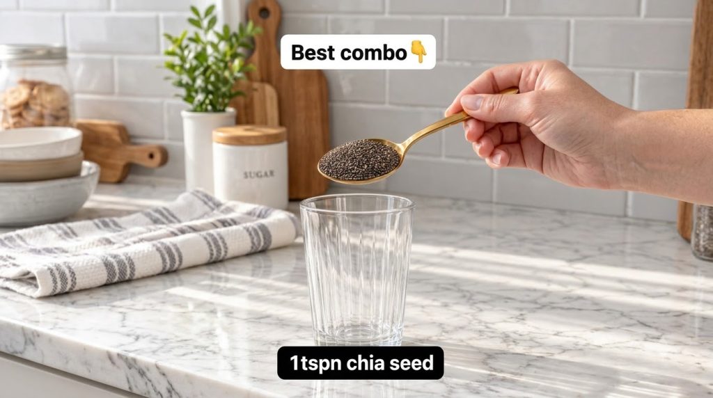 Una mano sosteniendo una cuchara con semillas de chía sobre un vaso vacío en una cocina moderna y luminosa