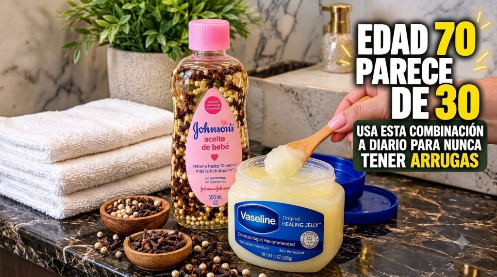 A Johnson s baby oil bottle infused with cloves and white beads next to a jar of Vaseline Original Healing Jelly with a 
