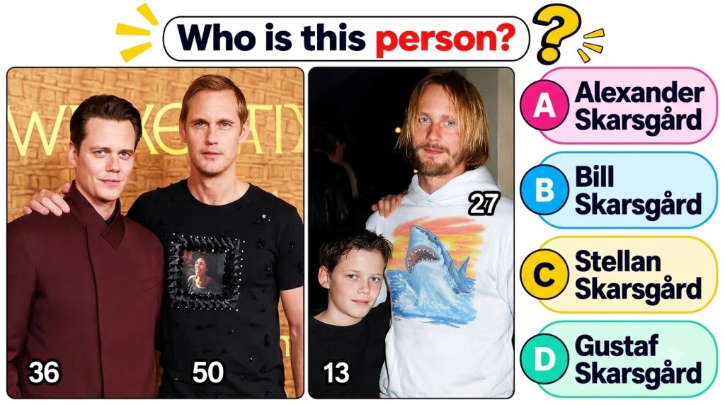 A quiz image asking Who is this actor featuring a compelling portrait of Alexander Skarsgård with four multiple-choice o