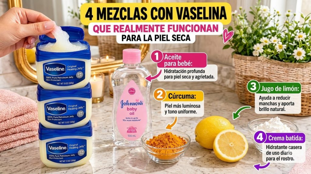 A flat lay showing a hand scooping Vaseline from a jar surrounded by other jars baby oil turmeric powder lemons and whip