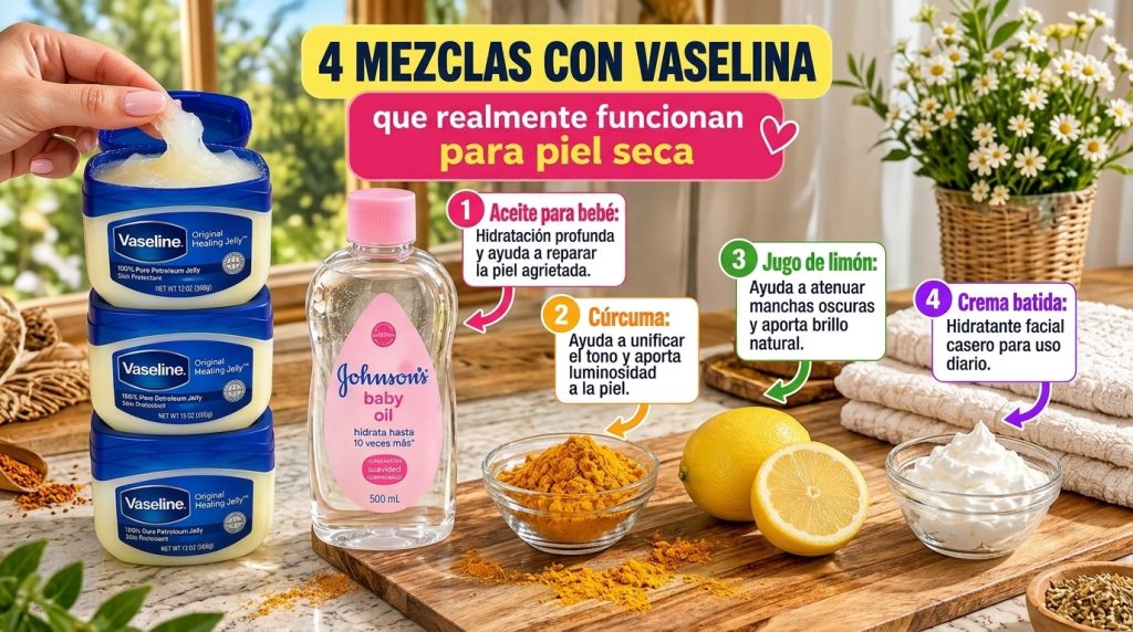 A variety of skincare ingredients and products with a hand scooping Vaseline from a jar Includes baby oil turmeric and l