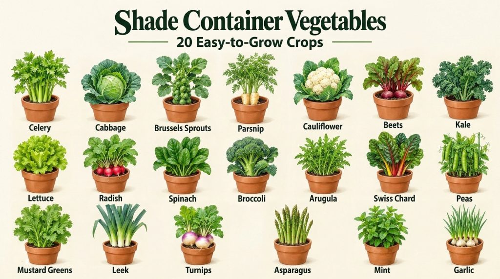 A visual infographic showing 20 different vegetables growing in terracotta pots under a canopy of dappled shade Each veg