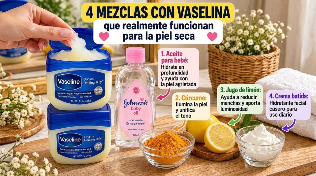 A hand scooping Vaseline from a jar next to several jars of Vaseline and natural ingredients like baby oil turmeric lemo