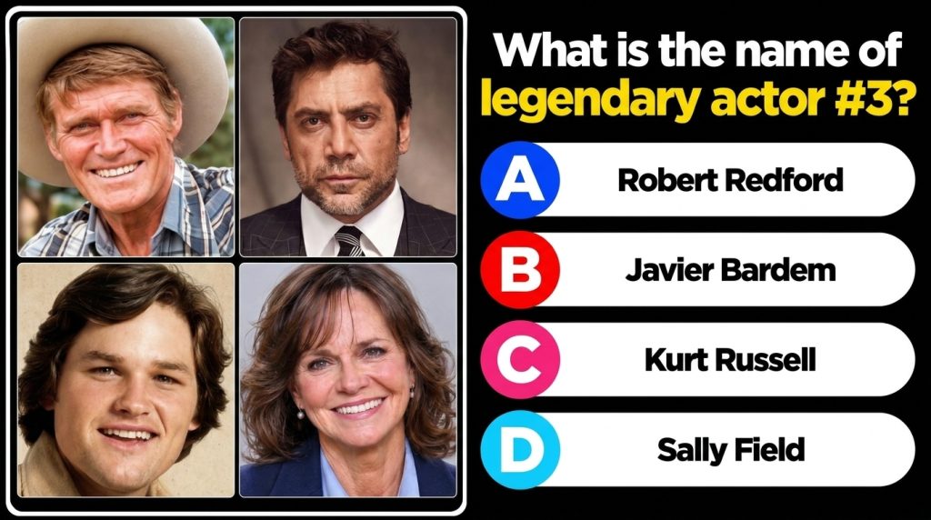 A quiz grid with four headshots of actors Robert Redford Javier Bardem Kurt Russell and Sally Field with a question belo