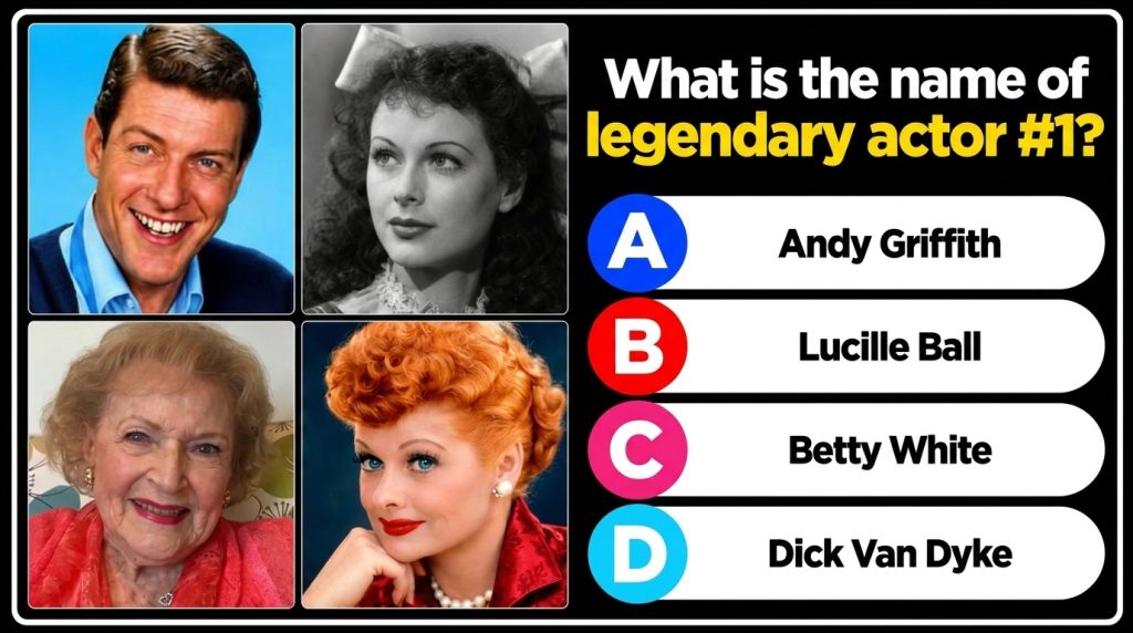 A 2x2 grid quiz image showing headshots of four legendary actors Dick Van Dyke top-left Hedy Lamarr top-right Betty Whit