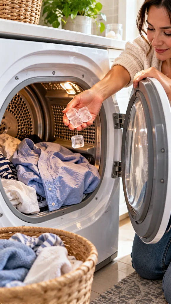 A woman s hand placing three ice cubes into an open dryer drum filled with a small load of wrinkled clothes including a 