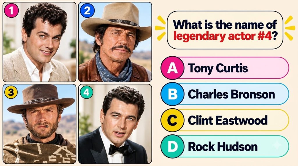 A multiple-choice quiz image featuring four classic male actors headshots The question asks to identify actor 4 who is R