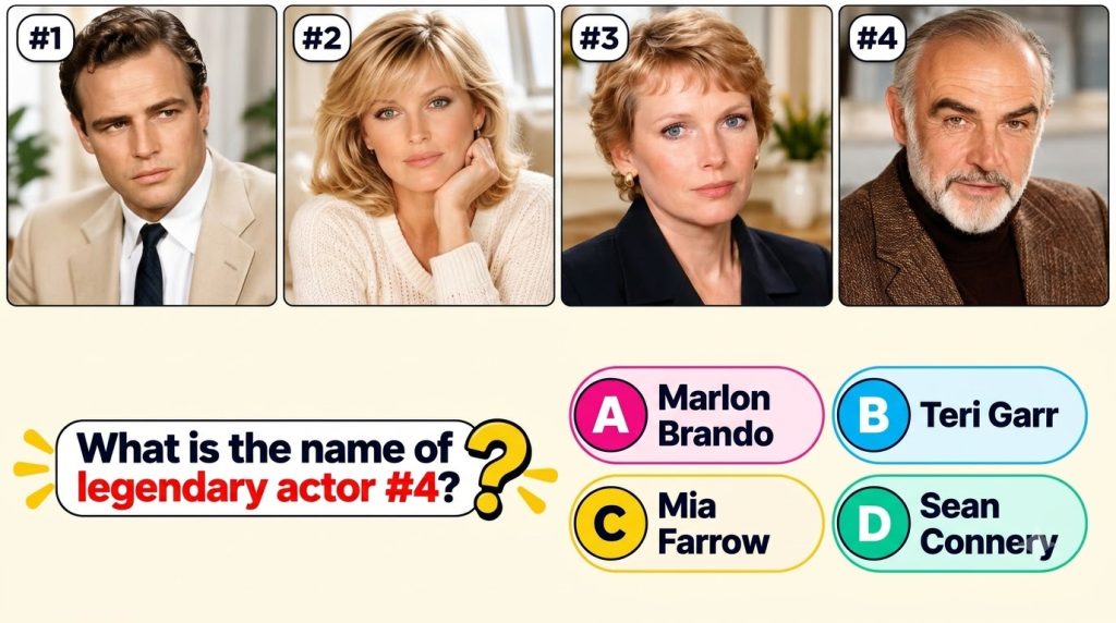 A multiple-choice quiz graphic featuring four headshots of actors in a 2x2 grid Top-left shows young Marlon Brando top-r