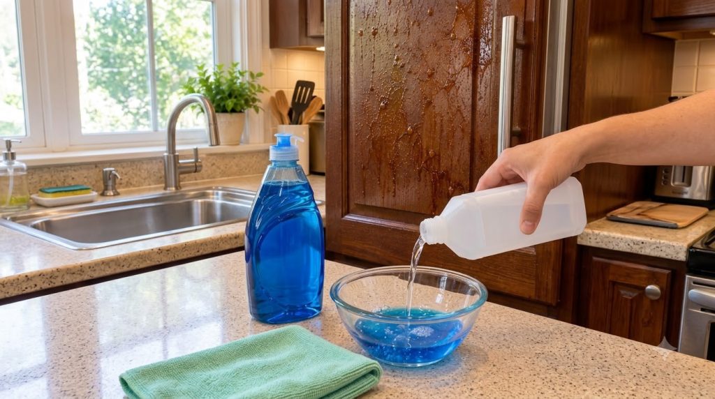 A close-up of a clear liquid being poured into a glass bowl containing blue dish soap on a kitchen countertop