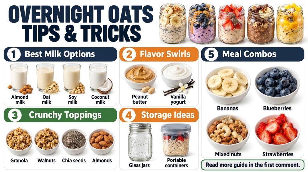 Infographic titled OVERNIGHT OATS TIPS TRICKS showing various ingredients flavor swirls crunchy toppings storage ideas a