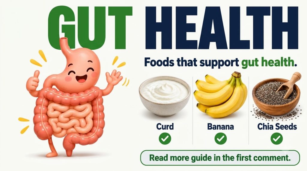 A minimalist infographic titled GUT HEALTH with a cartoon illustration of a happy digestive system Below it Foods that s