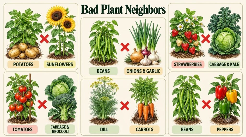 An infographic showing six pairs of incompatible plants with a red X between them for raised bed gardening