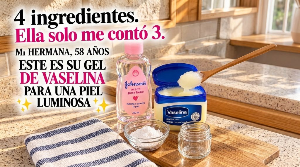Various cosmetic ingredients arranged on a wooden surface next to a striped towel Key subjects include a bottle of Johns