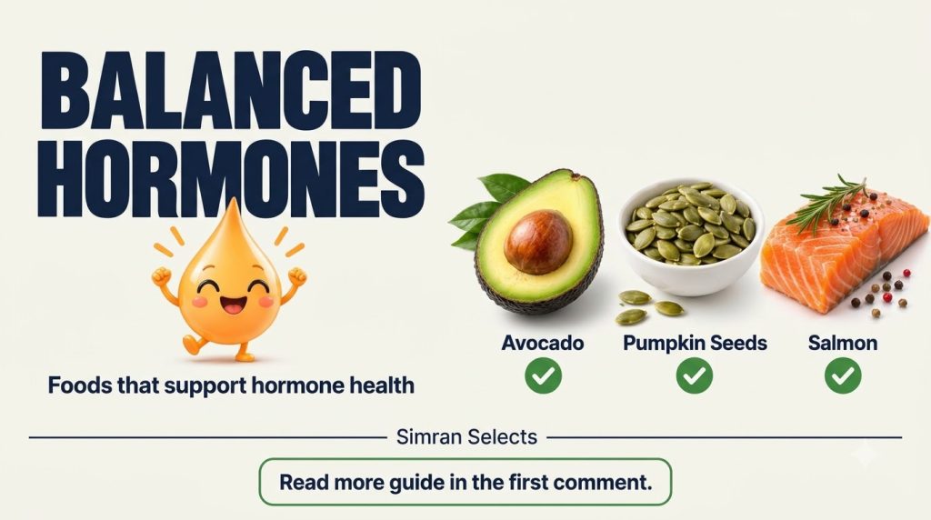 A clean infographic titled Balanced Hormones showing a cartoon hormone droplet with images of a halved avocado a bowl of