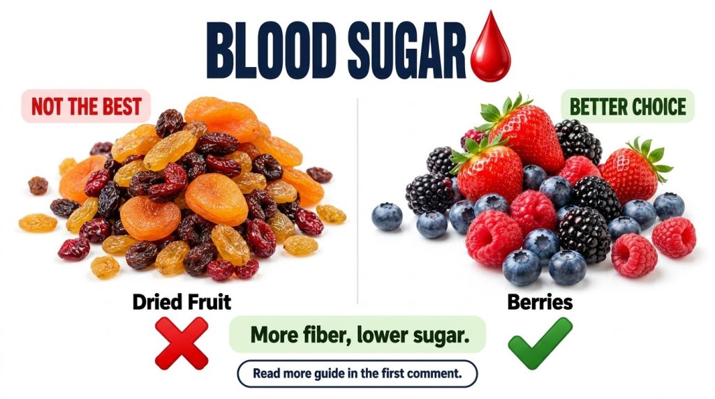 A split infographic comparing NOT THE BEST dried fruit raisins cranberries apricots with BETTER CHOICE fresh berries str