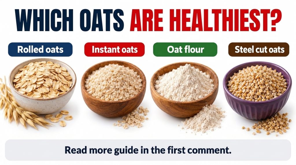 A clean minimalist nutrition infographic comparing rolled oats instant oats oat flour and steel-cut oats in separate bow