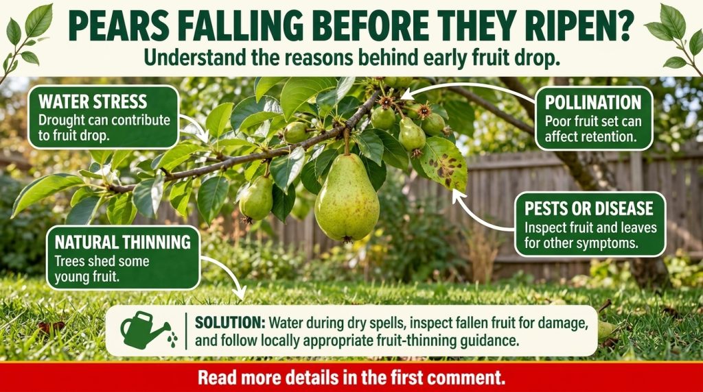 An infographic showing a pear tree branch with unripe pears some of which have fallen to the grass below Text boxes expl