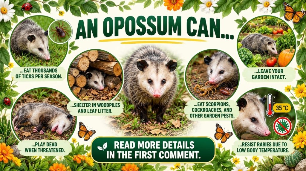 An infographic titled An opossum can showing an opossum surrounded by six circular vignettes illustrating its benefits l