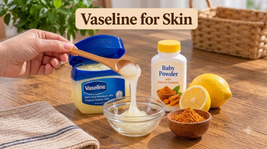 A hand is dripping a yellow viscous liquid from a wooden spoon into a glass bowl with an open tub of Vaseline lemon slic
