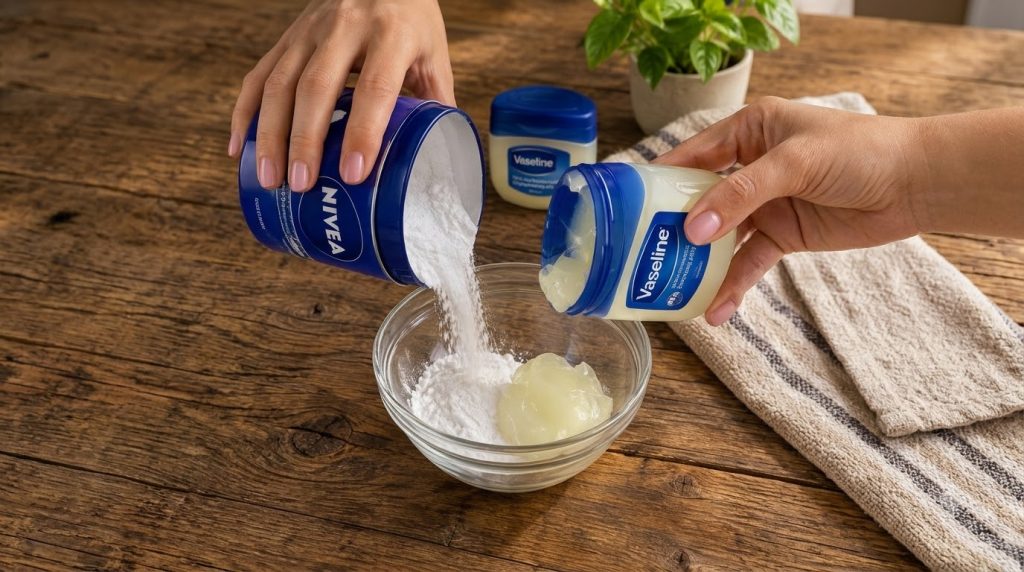 Hands mixing white Nivea powder and translucent Vaseline jelly in a clear glass bowl on a rustic wooden table