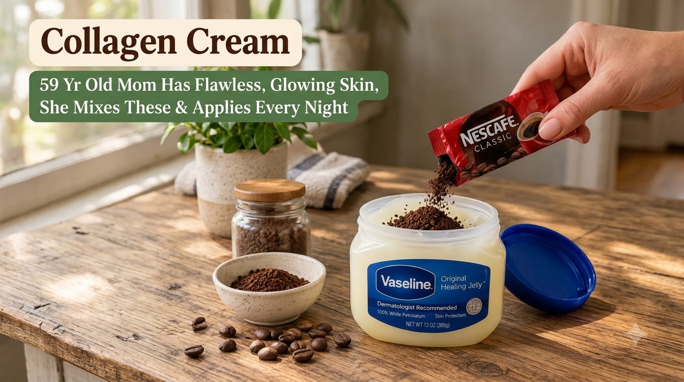A hand pouring instant coffee granules from a Nescafe packet into a jar of Vaseline Original Healing Jelly on a rustic w