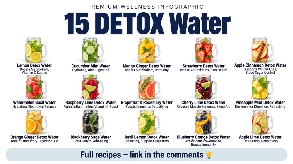 A grid of 15 clear glass mason jars each containing a unique detox water combination with various fresh fruits vegetable