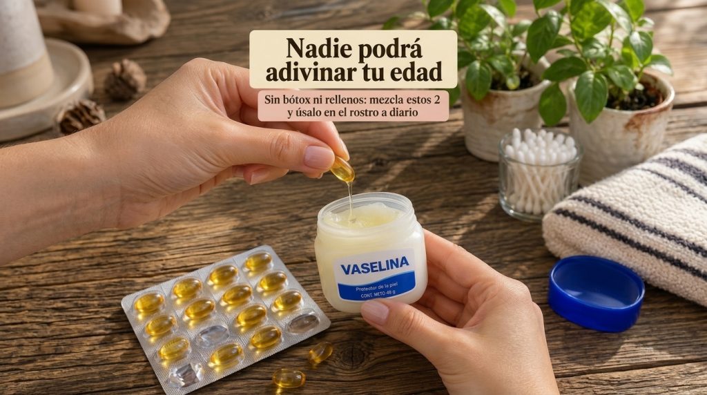 Hands squeezing a golden vitamin E capsule into a jar of Vaseline on a rustic wooden surface