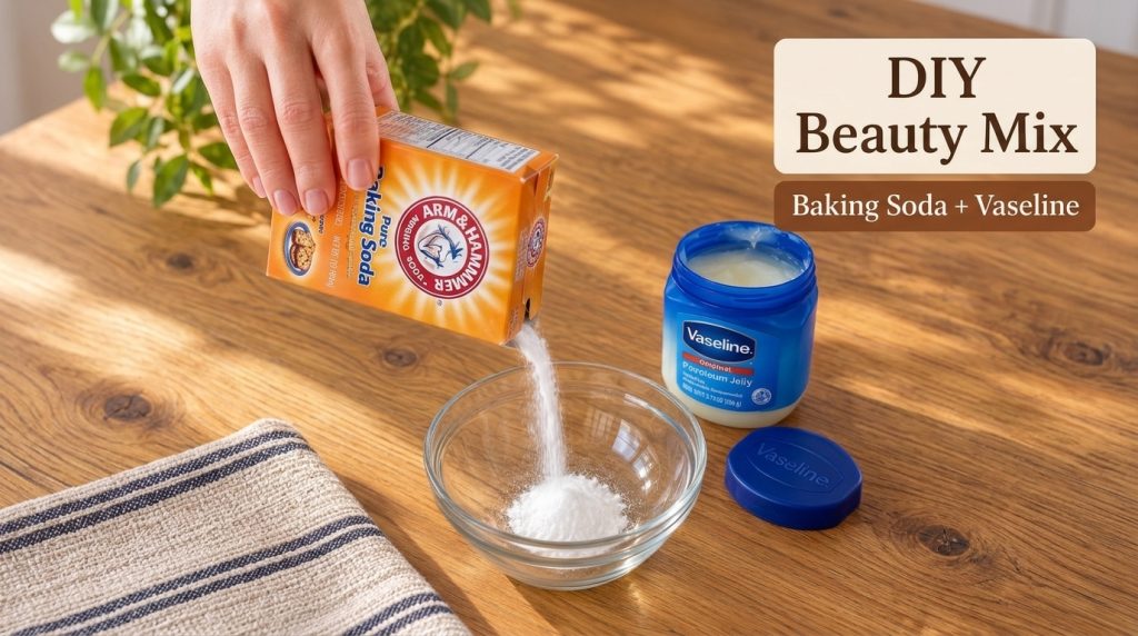 A hand pouring baking soda into a glass bowl next to an open jar of Vaseline